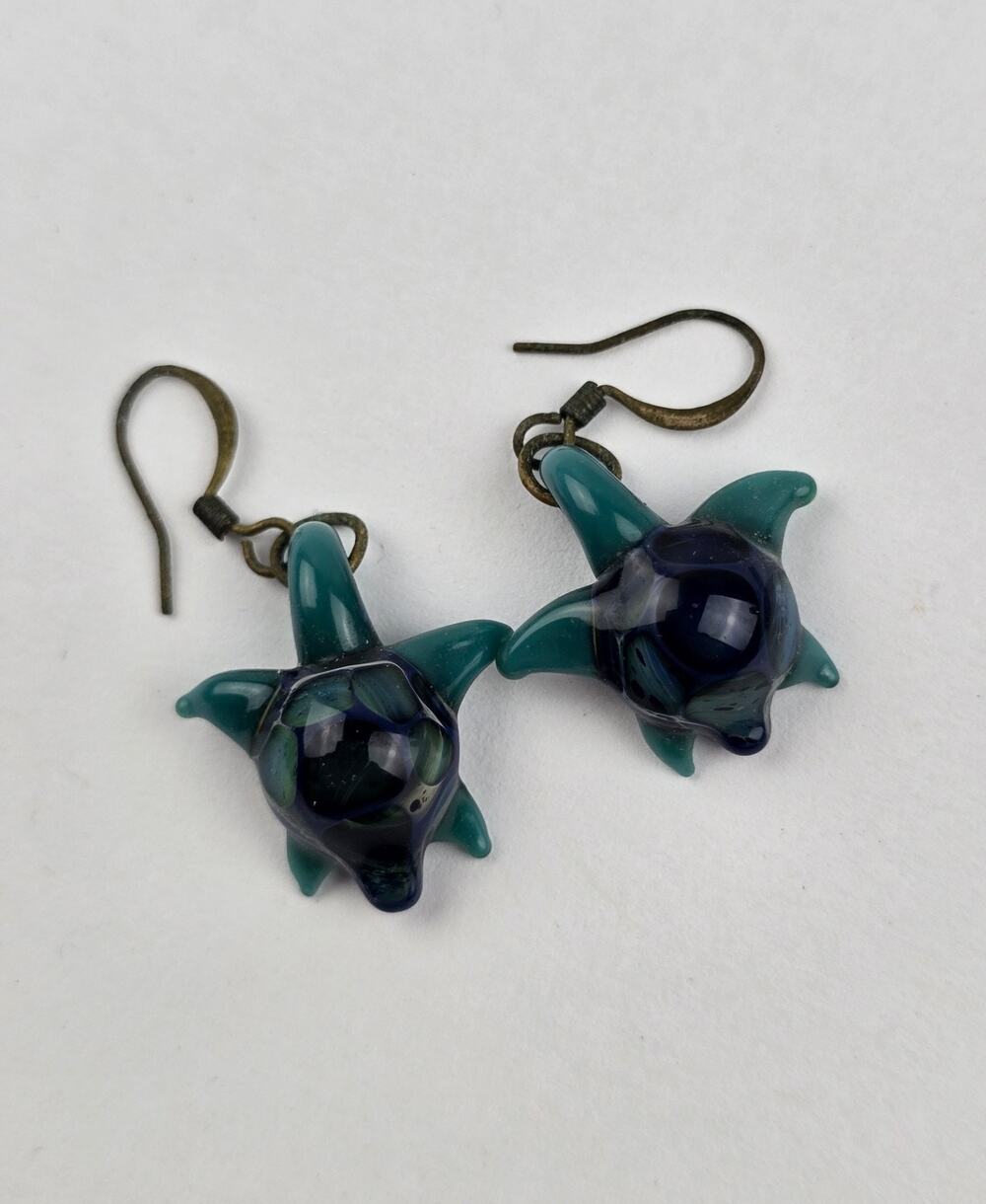 Vintage Aqua Blue Art Glass Sea Turtle Earrings Dangle Hook